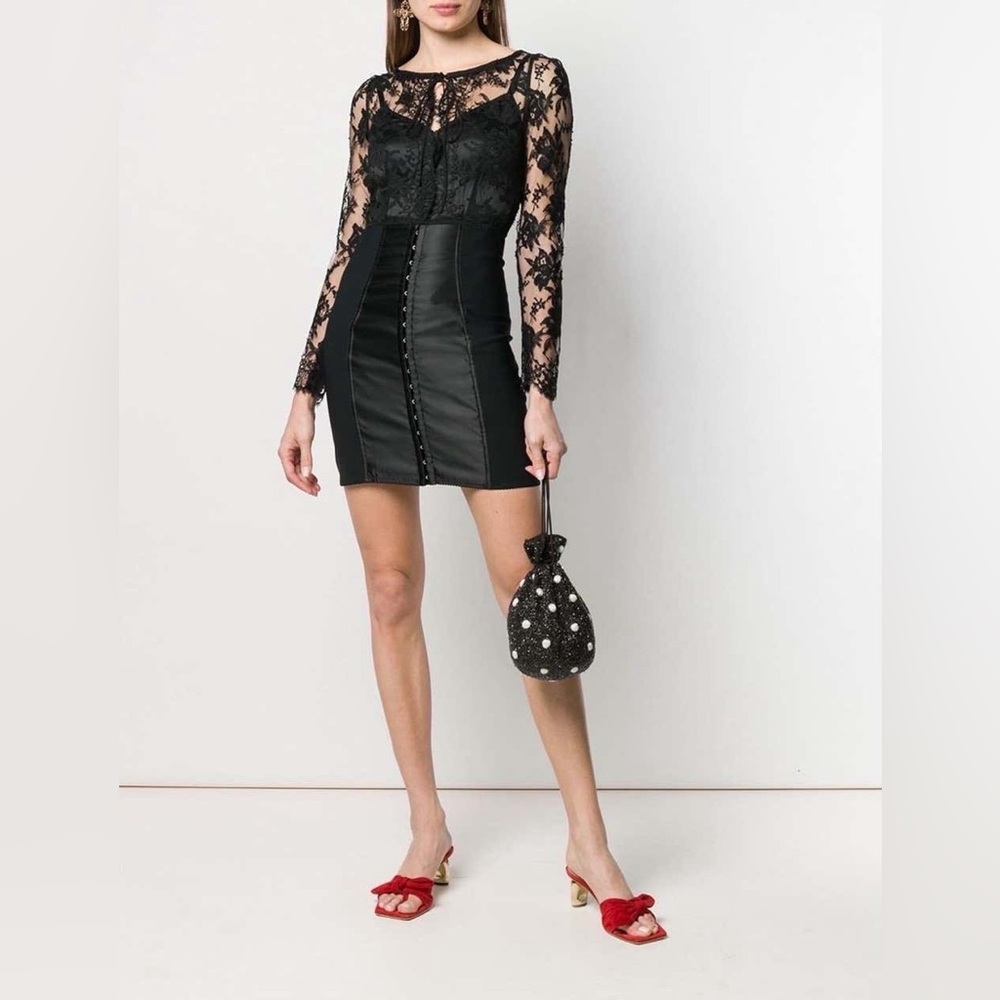 Dolce & Gabbana Black Lace Long Sleeve Bustier Satin Mini Dress IT 46 (US 8-10)